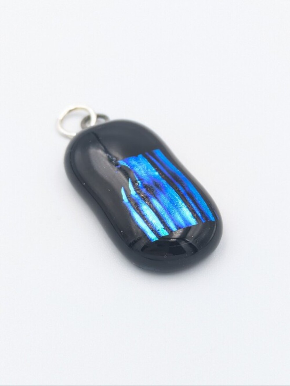 5/25$  Handmade dichroic glass pendant featuring iridescent blue on black